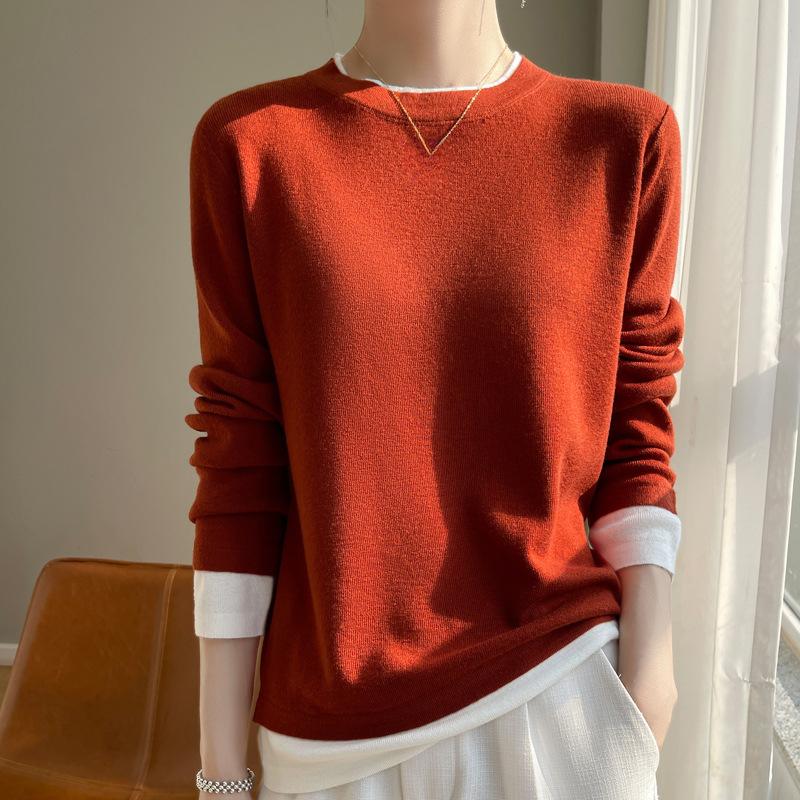 Новый женский свитер, имитация двух частей, шерстяной трикотажный пуловер с длинным рукавом и круглым вырезом, высокая эластичность, женский пуловер, мода, осень-зима