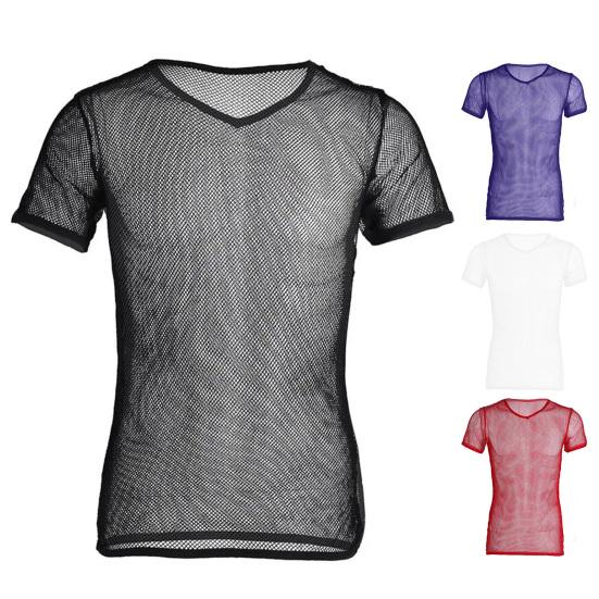 Мужские топы с V-образным вырезом, с коротким рукавом, с полым сетчатым дизайном, футболка однотонная, дышащая, в повседневном стиле, для ежедневной носки