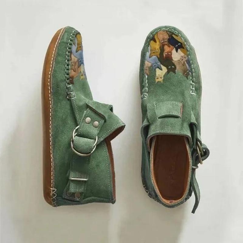 Ботинки Plover женские Comfort Cartoon Cat Printed Leather Button Casual Flat Ankle - 6 Purple