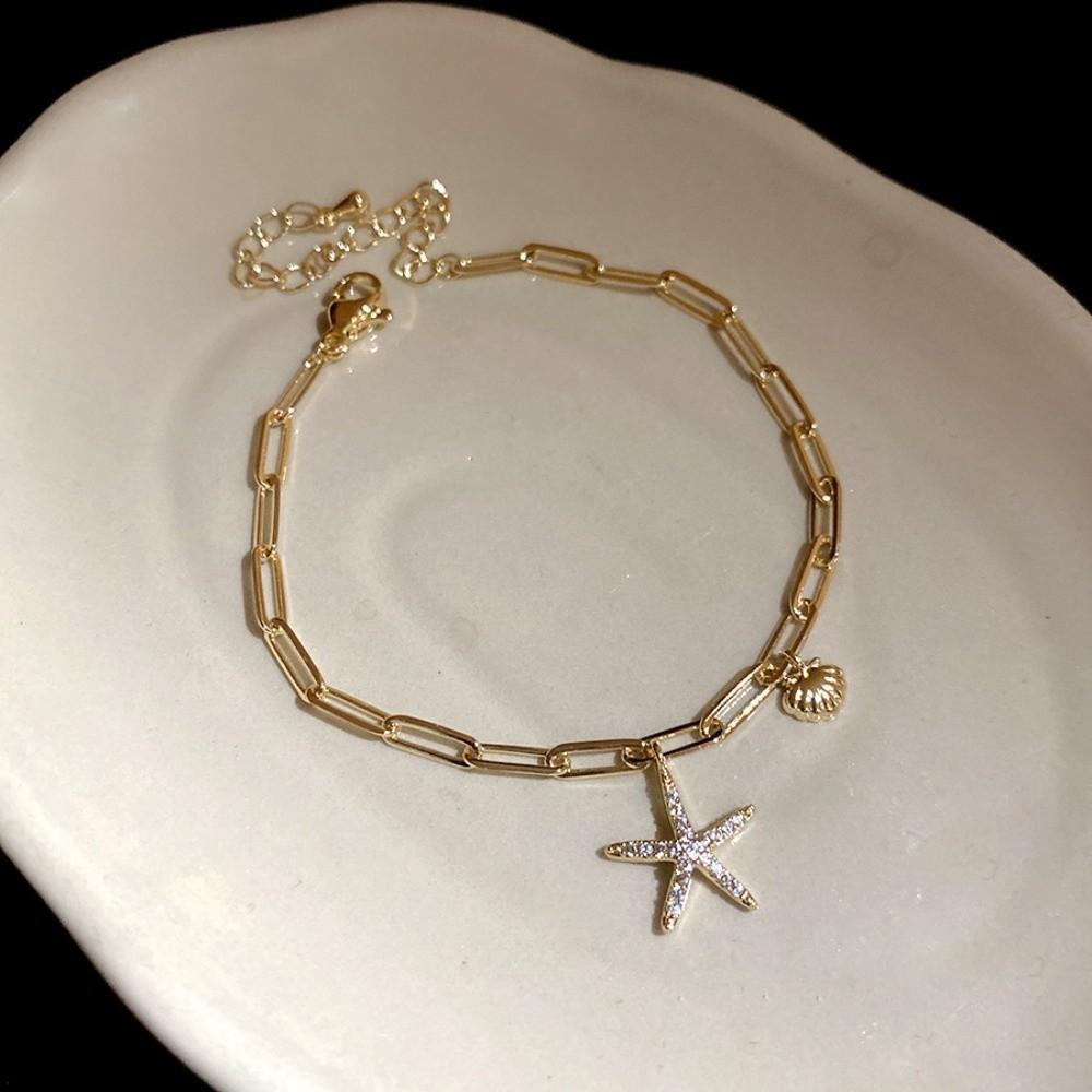 Copper Zircon Bohemian Shell Bangle Ornaments Beach Hand Chain Metal Shell Starfish Bracelet  Beach