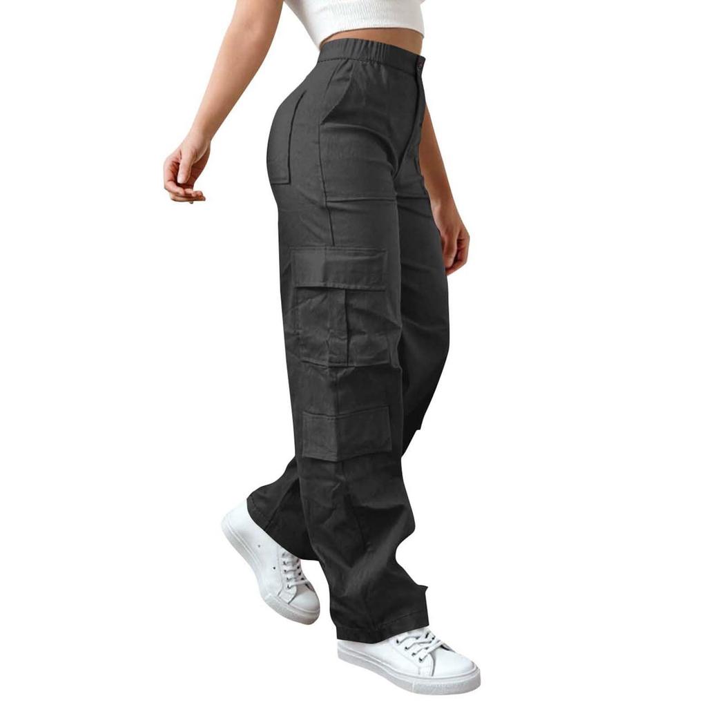 Womens Elastic High Waisted Cargo Pants Stretch Casual Wide Leg Streetwear Parachute Hiking Pants With Pockets