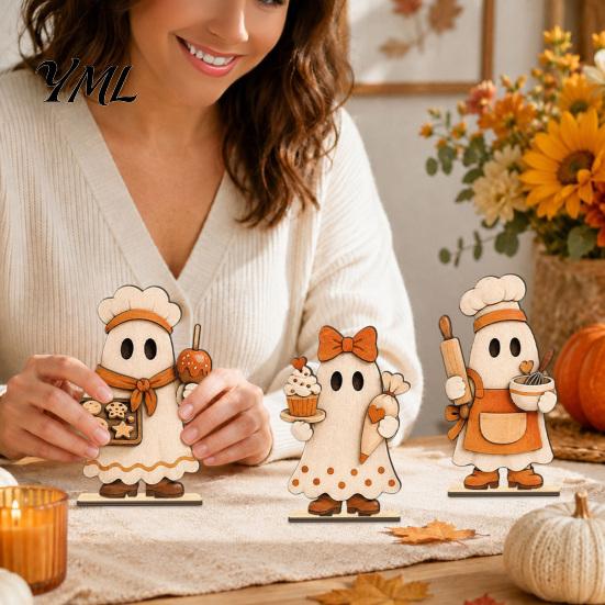 Wooden Harvest Decorations 3 Pcs Vintage Ghost Tabletop Centerpiece, Rustic Chef Block Sign, Small Sculpture Freestanding Farmhouse Tiered Tray