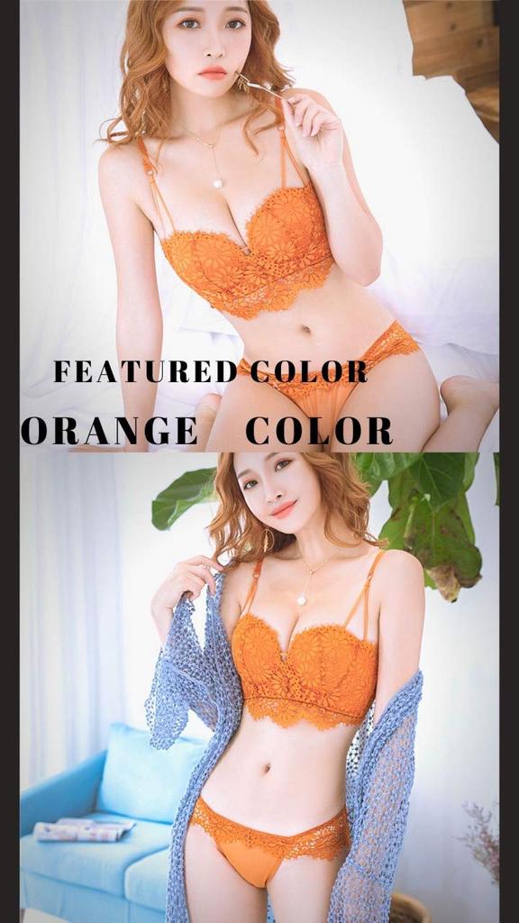 Orange A85 Wireless Bra and Panties Sexy Lace Enhances Cleavage [arajin] Underwear, Set, Women's Lingerie,