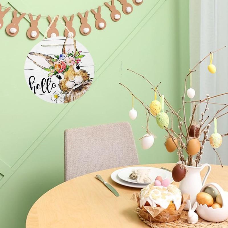 Hello Summer Easter Bunny Rabbit Sign for Front Door Decor, Spring Rustic Farmhouse Wooden Wreath Indoor Wall Hanging Decoration Daisy Flowers Wood