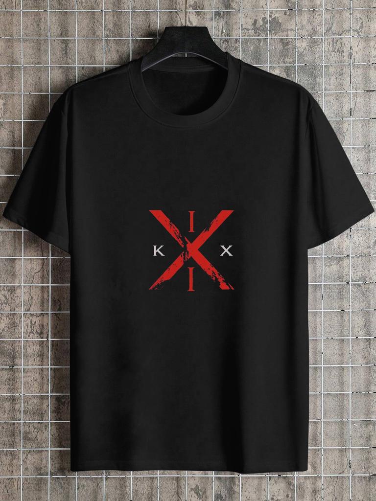1pc Rock Band Logo Graphic T-shirt - Black with Red Geometric Print