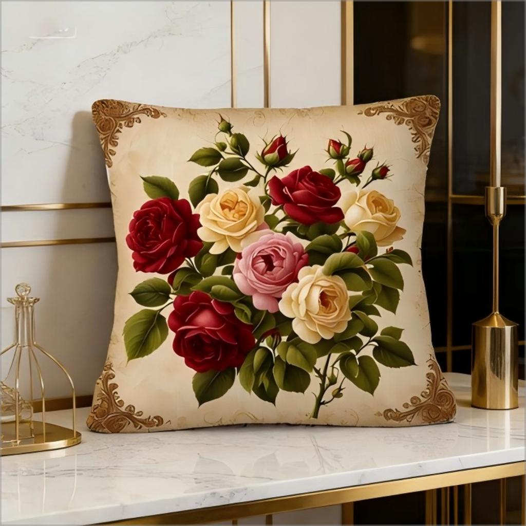 2D Printed Vintage Rose Flower Pillow Cover Retro Floral Bouquet Print Soft Throw Pillow Case For Shabby Chic Home Decor Gift