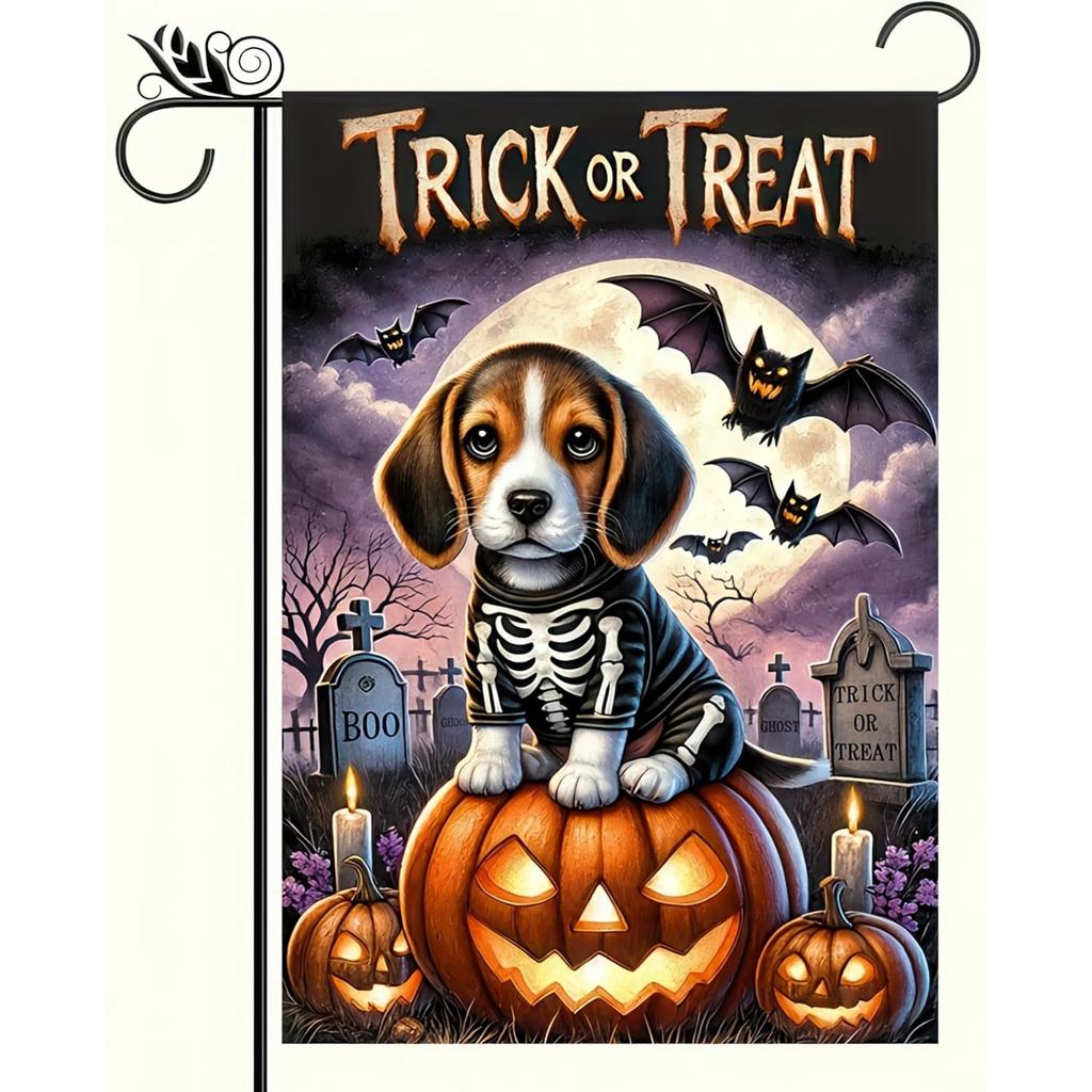 Outdoor Decoration Happy Halloween Garden Flag, Beagle Skeleton Dog and Pumpkin Welcome Garden Flag Vertical Double-Sided