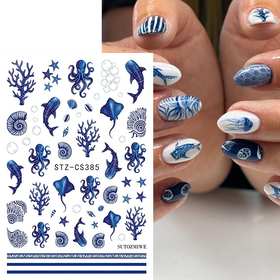 Xiaomi 2pcs Blue Ocean Nail Art Stickers Decals Whale Octopus Coral Starfish Seashell Bubble Summer Nail Sliders Manicure Decorations