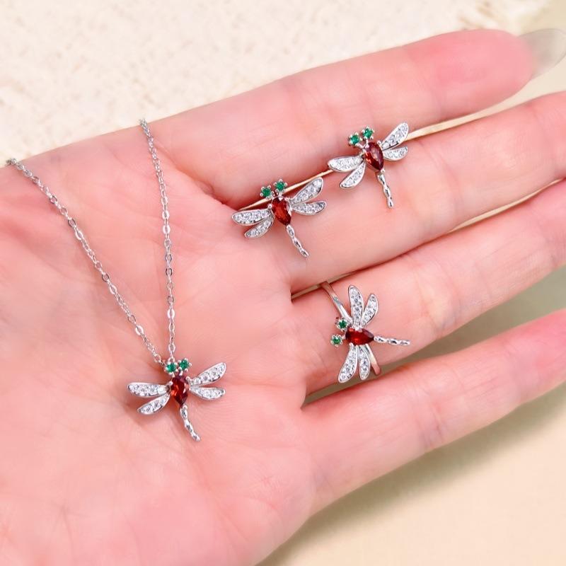 Women's S925 Sterling Silver Jewelry Set Natural Crystal Necklace Ring Earrings Garnet Fashion Jewelry Gift for Her Birthday Anniversary