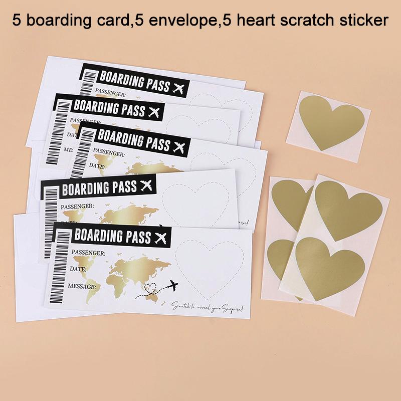 5Sheets Boarding Pass Scratch Off Game Card with Envelope DIY Surprise Gift for Wedding Birthday Party Christmas Travel Tickets