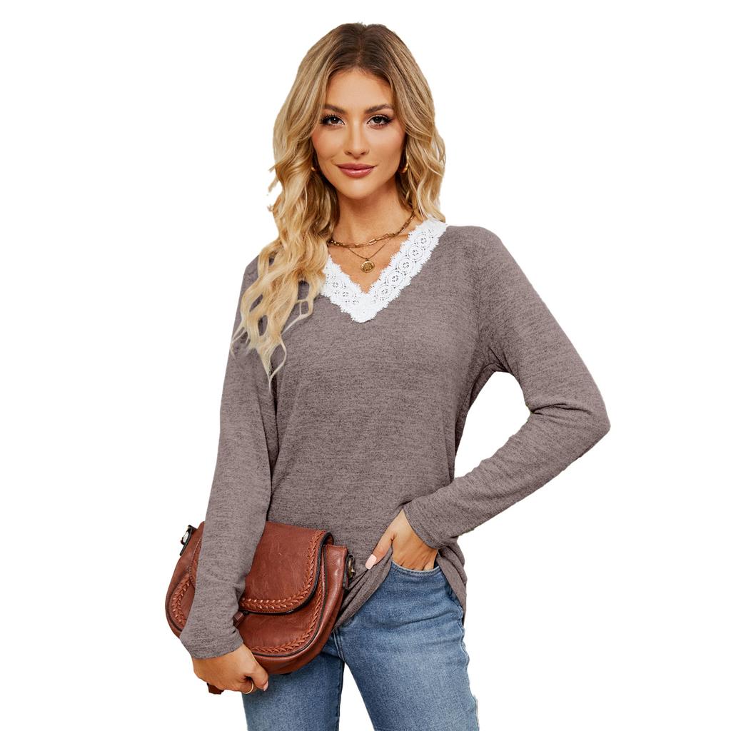 Новая однотонная кружевная футболка с V-образным вырезом в стиле пэчворк, свободная, с длинными рукавами