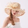 Summer Women Beach Sun Hat Flat Top Ribbon Chiffon Mesh Hat Elegant Wide-brimmed Sun Hat Outing Fashion Organza Flower Hat