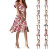 Women's Summer Casual Fashion Flower Print Dress V Neck Short Sleeve Short Skirt