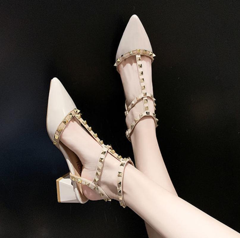 Fashion Sandals for Women Rivet Summer 2024 Pointed Toe Ladies Shoes with Medium Heels Square Footwear H Sandal New Breathable Fashion F