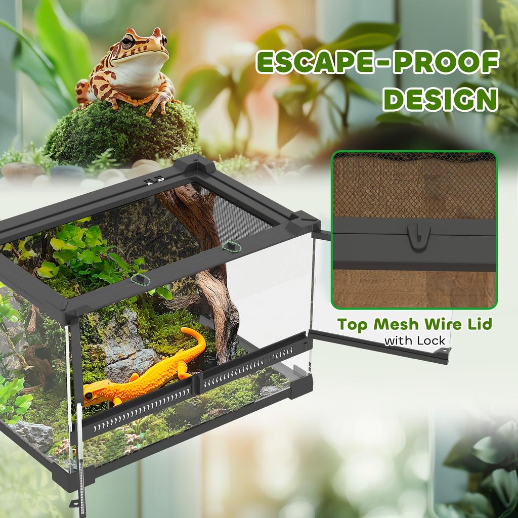Reptile Glass Terrarium With Stone Background Front Ventilation Escape Proof Knob Lock 30 X 20 X 20 Cm Black