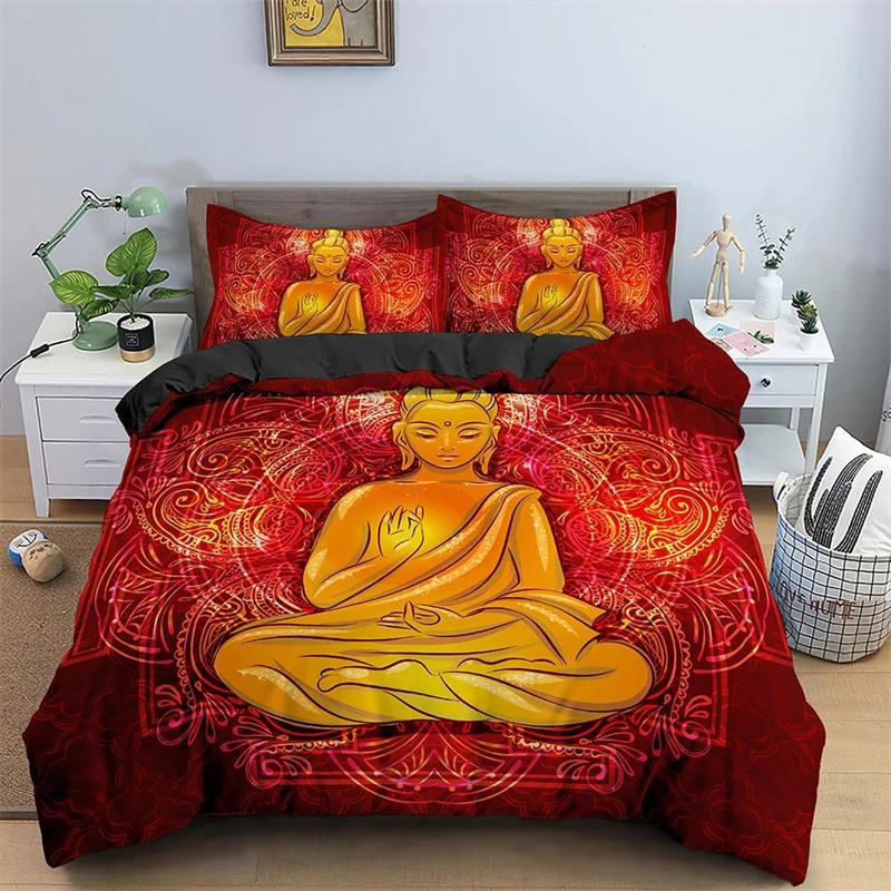 Buddha Bedding Collection Indian Religion Buddhism Meditation Mandala Duvet Cover Smile Buddha Floral Soft Quilt Cover Queen King Size