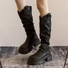 Мода винтажные рыцарские женские ботфорты до колена модные слипоны длинные ботильоны осень зима платформа каблуки женская обувь