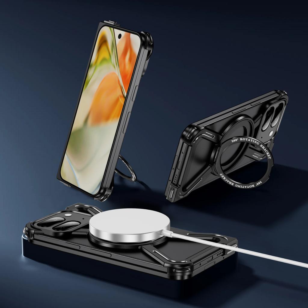 Для Google Pixel 9 Pro Fold 5G Бамперы Бескаркасная Металлическая Рамка Чехол Совместимый с MagSafe Подставка - Черный