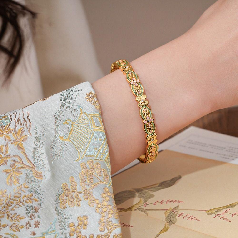 Handicraft Enamel Glazed Bracelet Gold Opening Bracelet Elegant New Chinese Style Bangle Party