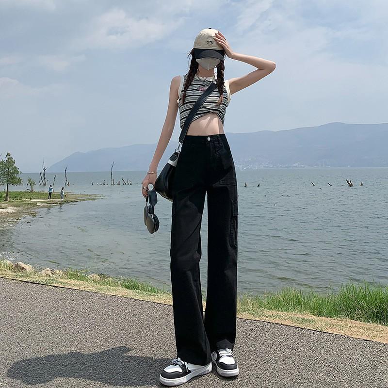 Womens High Waist Straight Leg Cargo Pants Loose Fit Wide Trousers