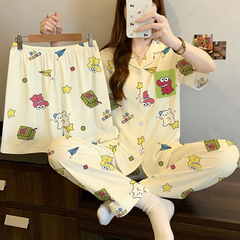 Three-piece pajamas women's summer new retro plaid short-sleeved imitation cotton loungewear niche casual can be worn outside