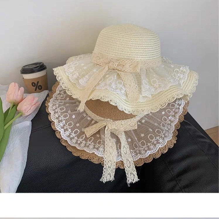 Summer, Beach Outdoor, Straw Hat, Lace Bow, Sunshade, Sun Hat, UV Protection, Sun Grass Hat, Women