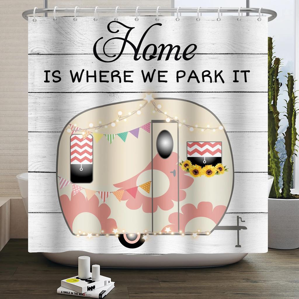 Занавеска для душа Кемпер Счастливый Кемпер Прицеп Автомобиль Автодом Лес Гора Палатка Кемпинг Ванная Занавеска для душа Водонепроницаемая Занавеска для ванны