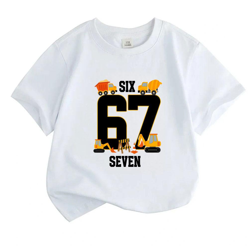 Kids Unisex 100% Cotton Crew Neck Short Sleeve T-Shirt, Construction Truck 6 Seven Birthday Graphic Casual Summer Tee for Children Boys Girls