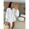 Western Style New Fashion Casual Loose Frill Short Dress Lace Up Dress Long Sleeve Dress