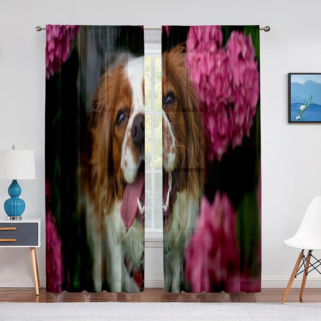 Тюлевые шторы с изображением собаки, австралийской овчарки, розовыми цветами для декора гостиной, спальни, прозрачные прозрачные занавески из вуали