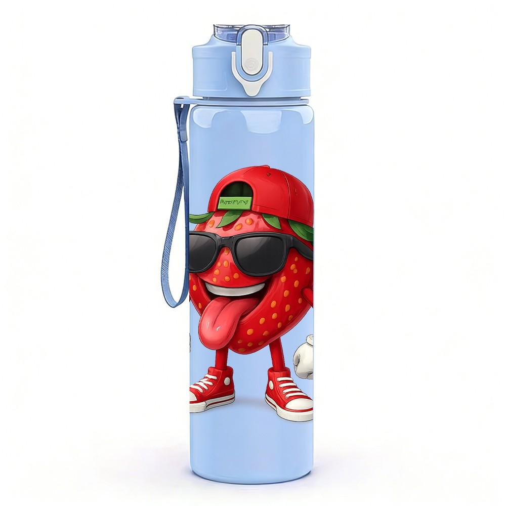1PC Cool Strawberry Character Cartoon 750ml Color Plastic Sports Water Bottle Leakproof Flip Straw Lid Suitable for Sports Office Home Use