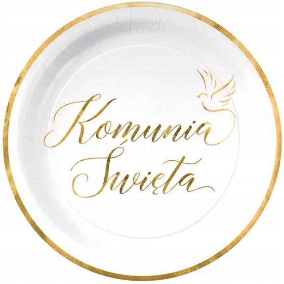 Talerzyki Papierowe Białe Złoty Brzeg Komunia Święta Gołąbek 18Cm 6Szt.