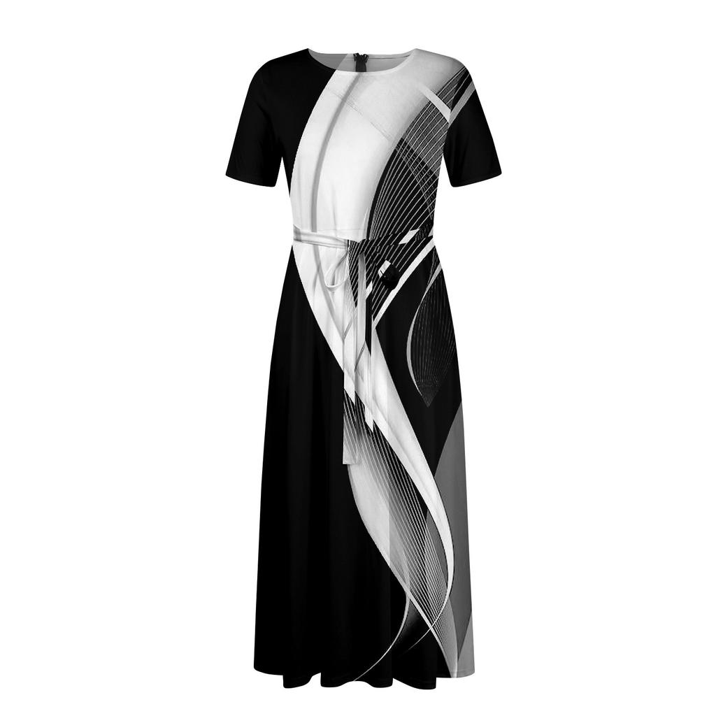 Women's Casual Fashion Large Size Print Round Neck Short Sleeve Pocket Straps Swing Dress