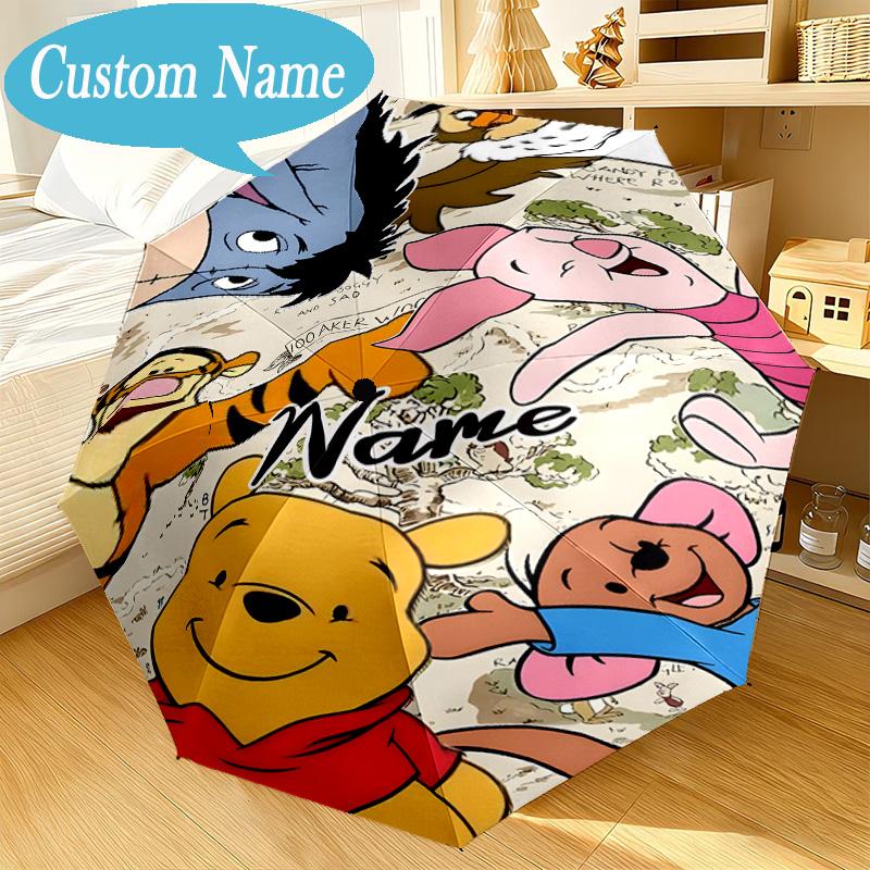 Custom Name Cartoon Pooh Umbrella Folding Umbrella, Automatic Umbrella 8-Frame for Travel, Casual Lightweight Birthday Christmas gift