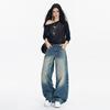 Retro American street flanged waist design jeans women's autumn new loose and versatile mopping wide-leg pants tide