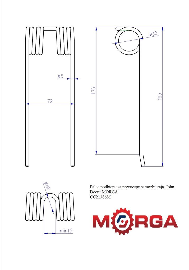 John Deere self-picking trailer pick-up tine powder coated MORGA