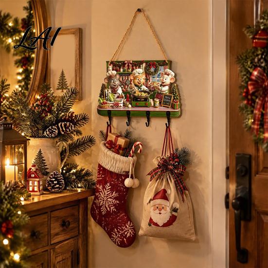 Xmas Hanging Ornament with Storage Wooden Rustic Christmas Stocking Hanger Gingerbread House Decorative Hook Board for Scene Home Wall Decor