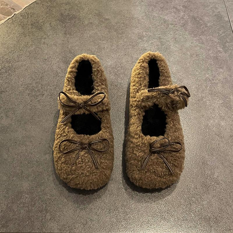 Fan Jieya flat-bottomed plush shoes for women to wear in winter, new bow Doudou single shoes in autumn and winter 2026