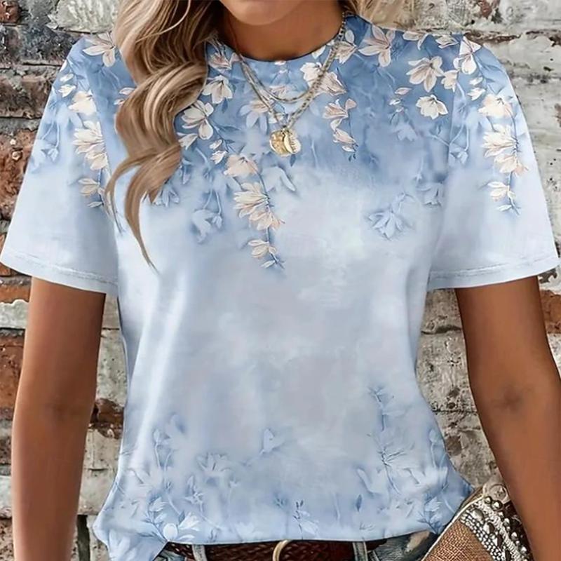 Women's Casual Floral Print T-Shirt Light Blue Watercolor Flower O-Neck Short Sleeve Tops Breathable Soft Daily Wear Tees