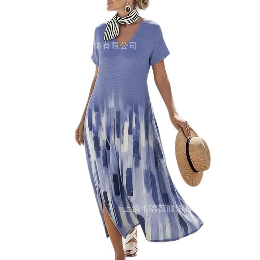 1116 European and American fashion digital printing V-neck dress vacation style
