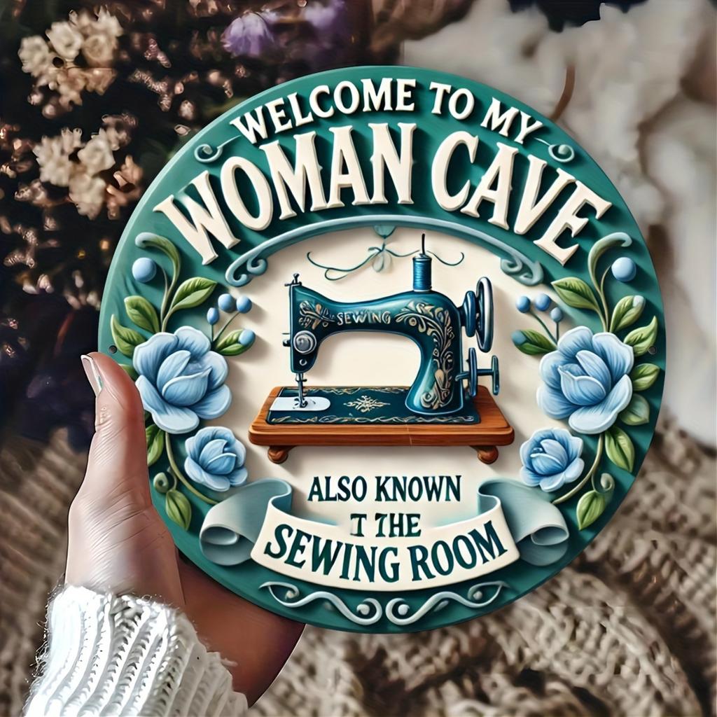 1 Piece 2D Welcome Green Sewing Machine Pattern Wooden Disc Sign 8 Inch Fits Home Cafe Bar Garden Decorative Wall Plaque