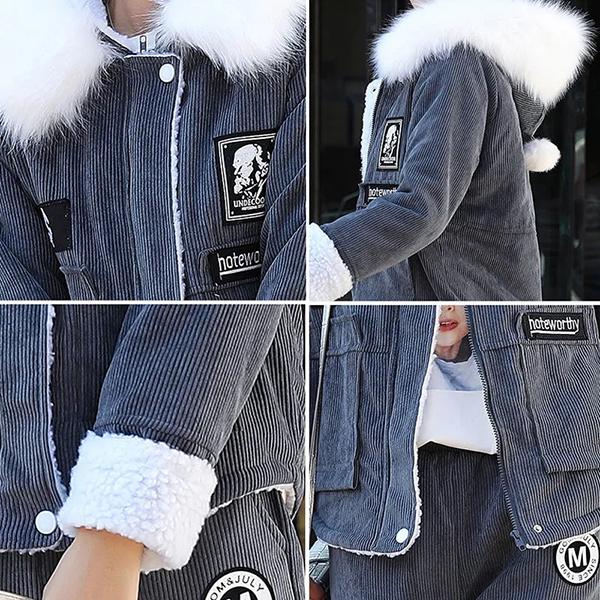 Женский зимний костюм, осенняя студенческая вельветовая куртка из овечьей шерсти, бархатный утолщенный повседневный комплект из двух предметов с капюшоном, пальто