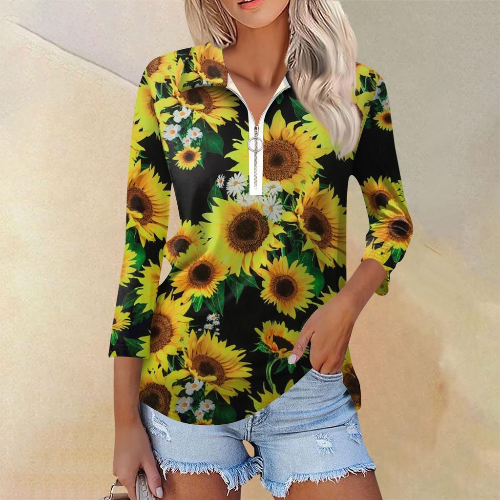 Женская повседневная футболка с v-образным вырезом и семью рукавами, пуловер с половиной молнии и принтом подсолнечника