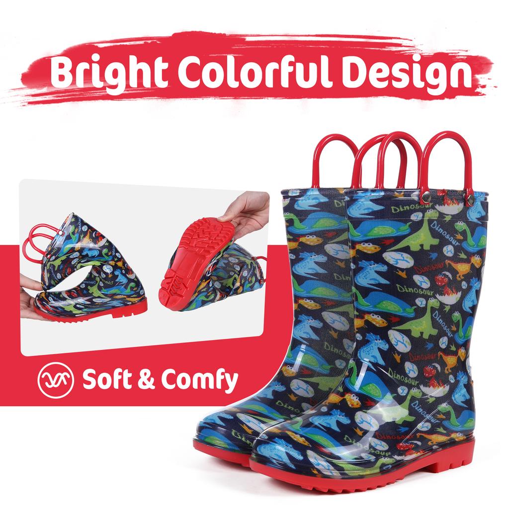 Fashion Comwarm Toddler Kids Rain Boots With Handles Cute Dinosaur Unicorn Unisex Rain Shoes For Girls And Boys Waterproof Non-slip Boot