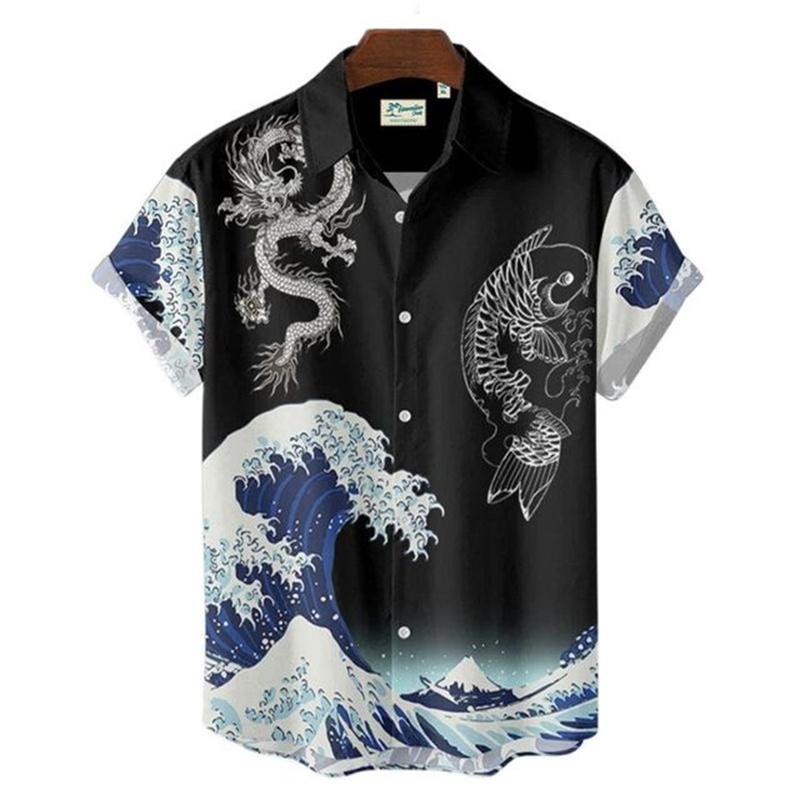 Men's Hawaiian Retro Waves Shirts 3D Printed Short Sleeves Casual Lapel Beach Style Tops Fashion Versatile Style Clothing