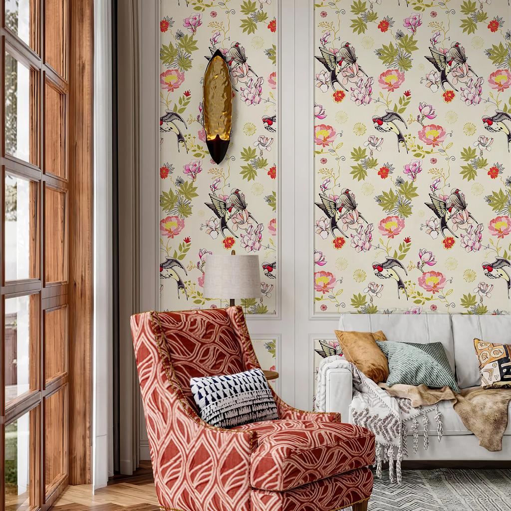 Желтые ласточки Самоклеящиеся обои Ретро Золотые листья и цветы Декор стен Водонепроницаемая наклейка для ванной комнаты кухни