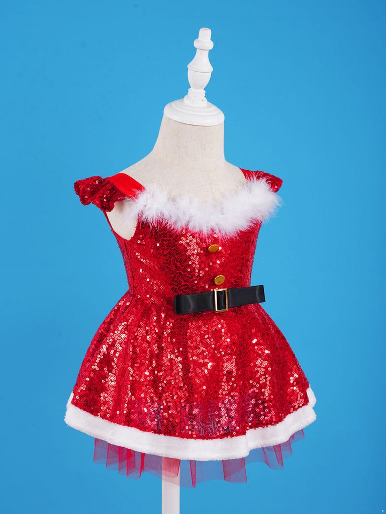 2PCS Kids Girls Sequin Christmas Santa Claus Costume Baby Dress Up Party Dance Dress Outfits