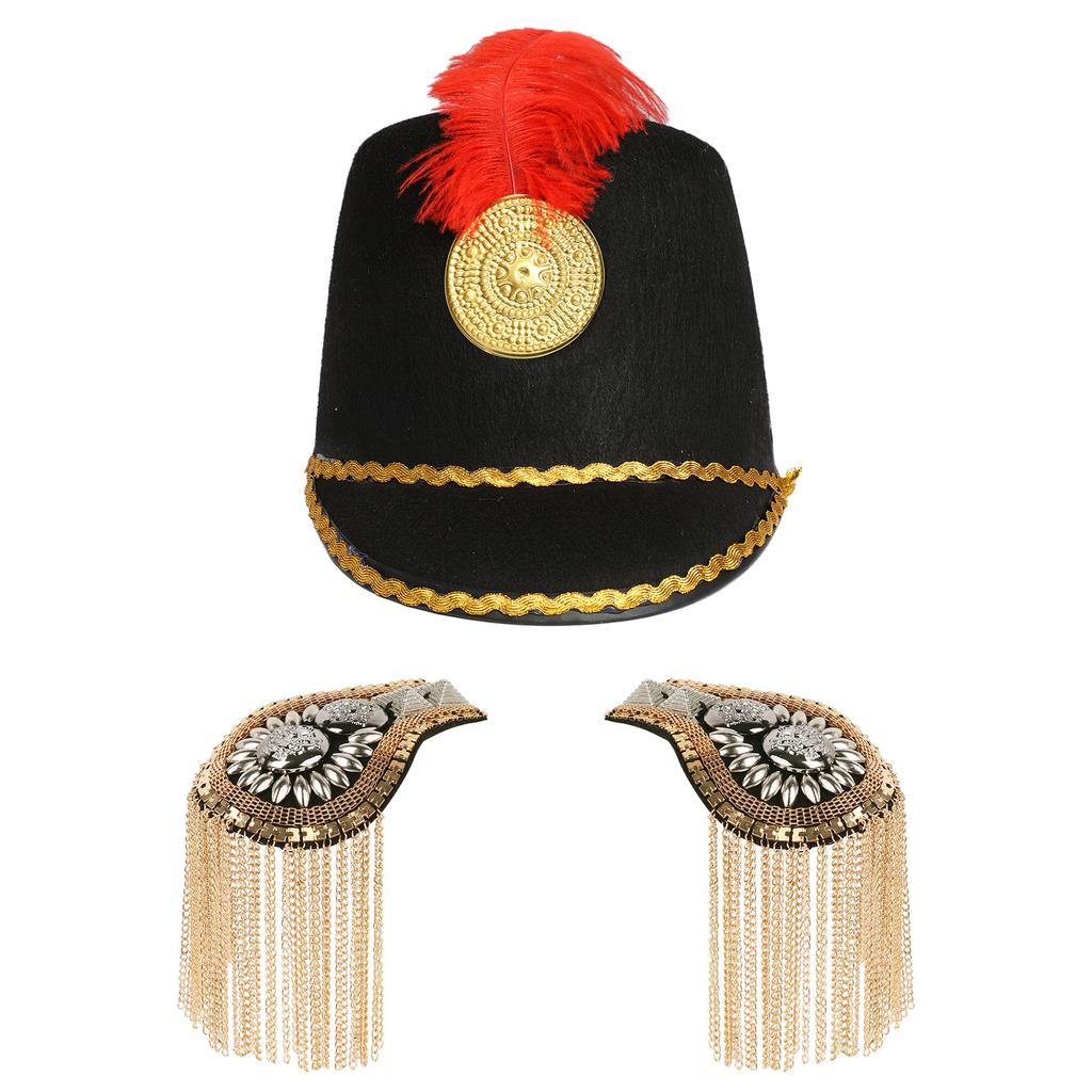 Kids Majorette Costume Accessory Set Vintage Hat with Tassel Epaulet Shoulder Boards for Halloween Cosplay