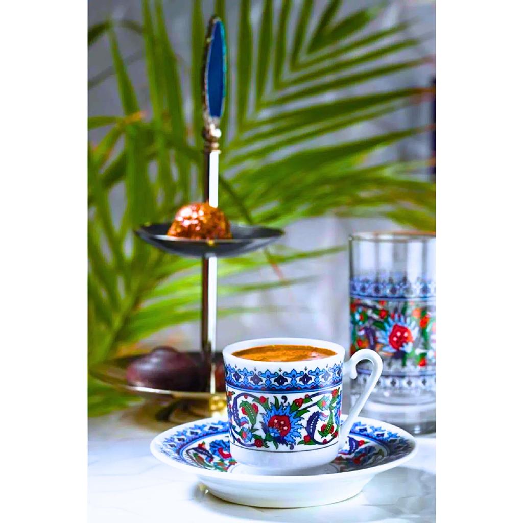 Porcelain Topkap Tile Patterned Turkish Coffee Cup Set For 6 Persons 12 Pieces