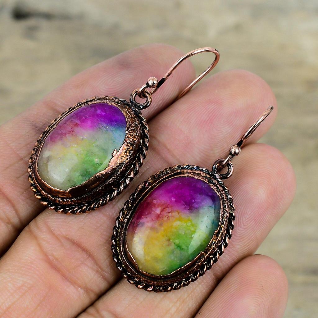 Радужный солнечный кварц друзы серьги гальванопластика медные серьги драгоценный камень серьги ручной работы очень красивые гальванопластика ювелирные изделия подарки для мамы
